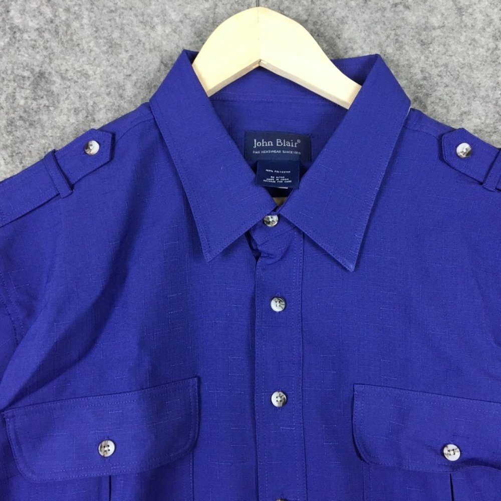 John Blair Men Shirt L Short Sleeve Button Up Shoulder Pockets Linen Look Purple - Picture 3 of 8